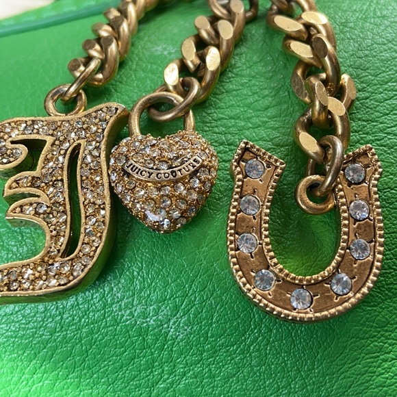 Vintage Juicy Couture Y2K Apple Green Leather shoulder bag baguette purse charms - Picture 9 of 15